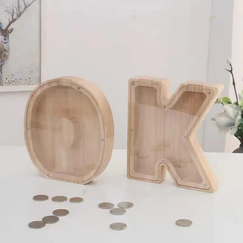 Personalized Wooden Coin Bank with 26 Letters - Educational Money Saving Box for Kids and Adults - Eco-Friendly Home Decor Gift