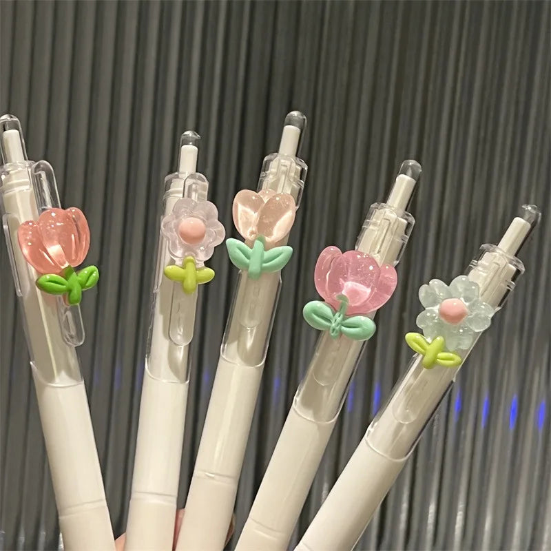 3pcs Cute Pens Kawaii Flower Gel Pen Quick-Drying Black Ink ST Nib Aesthetic Stationery Supplies Japanese Kawaii Pens