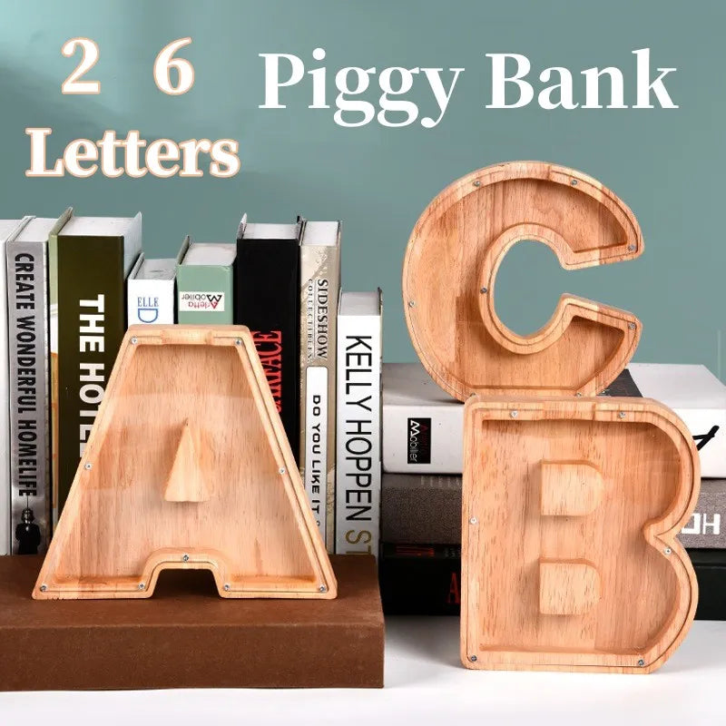Personalized Wooden Coin Bank with 26 Letters - Educational Money Saving Box for Kids and Adults - Eco-Friendly Home Decor Gift