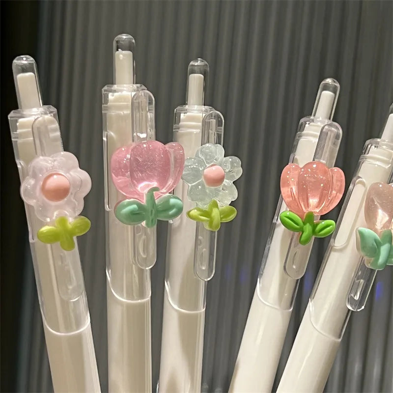 3pcs Cute Pens Kawaii Flower Gel Pen Quick-Drying Black Ink ST Nib Aesthetic Stationery Supplies Japanese Kawaii Pens