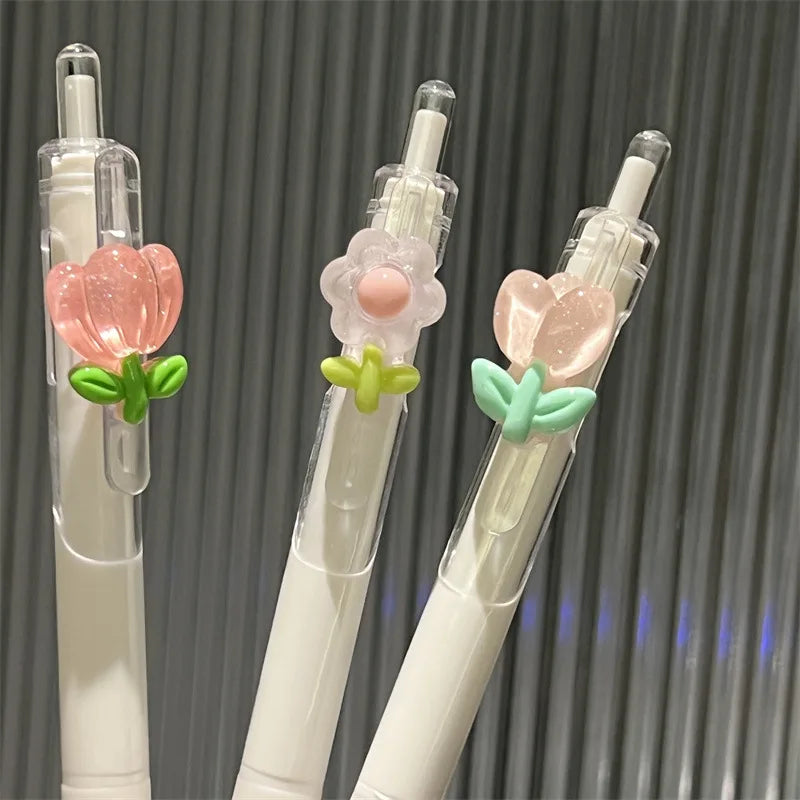 3pcs Cute Pens Kawaii Flower Gel Pen Quick-Drying Black Ink ST Nib Aesthetic Stationery Supplies Japanese Kawaii Pens