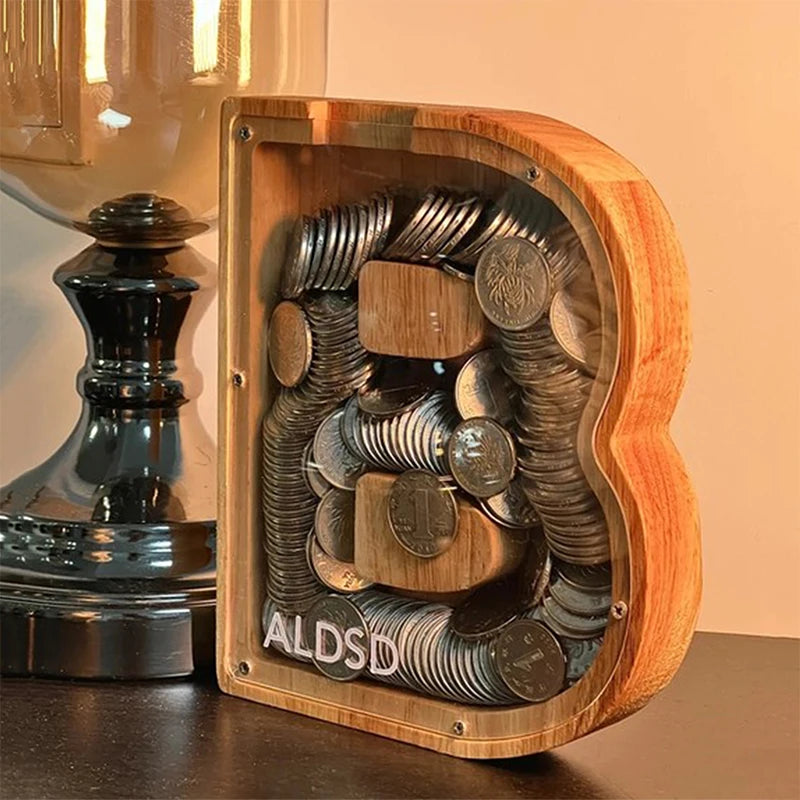 Personalized Wooden Coin Bank with 26 Letters - Educational Money Saving Box for Kids and Adults - Eco-Friendly Home Decor Gift